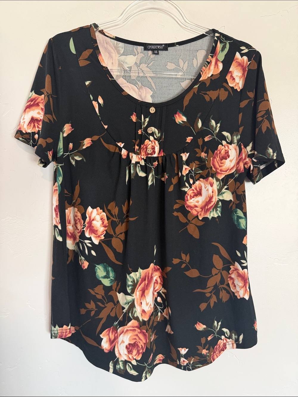 Citrus Bloom Short Sleeve Scoop Neck Top Black with Peach Floral Feminine Top